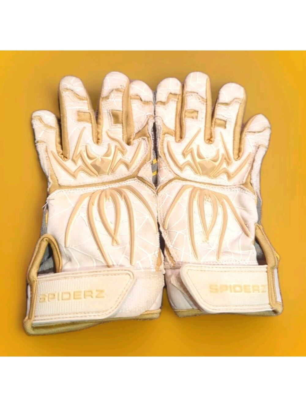 Spiderz Youth Hybrid Baseball Batting Gloves Padded White Gold YOUTH LARGE 9-10